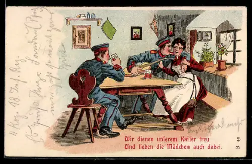 AK Wir dienen unserem Kaiser treu..., Soldaten mit Gitarre und Frau am Tisch, Soldatenliebe