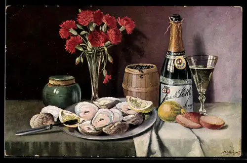 AK Teller mit Muscheln und Flasche Champagner
