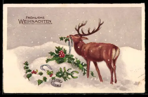 AK Hirsch mit Stechpalme und Hufeisen im Schnee, Weihnachtsgruss