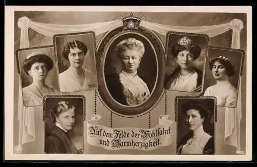 AK Kaiserin Auguste Victoria von Preussen, Auf dem Felde der Wohlfahrt und Barmherzigkeit, 7 Portraits