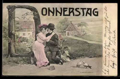AK Allegorie zum Donnerstag mit einem Liebespaar was sich gerade gefunden hat