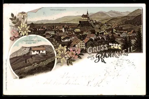 Lithographie Rankweil, Totalansicht, Hoher Freschen