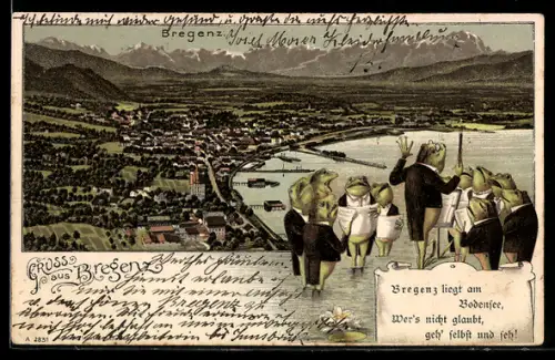 Lithographie Bregenz, Blick auf den Ort, Froschkonzert bei Vollmond