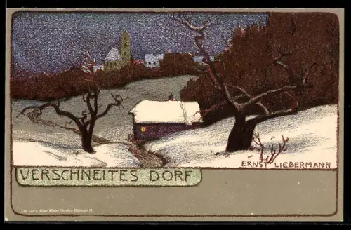 Künstler-AK Ernst Liebermann: Verschneites Dorf, Partie am Ortsrand