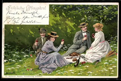 Künstler-AK Alfred Mailick: junge Paare picknicken im Wald, Fröhliche Pfingsten
