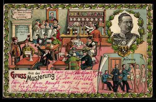 Lithographie Gruss von der Musterung, In der Kneipe