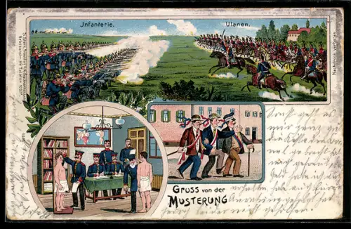 AK Gruss von der Musterung, Infanterie und Ulanen
