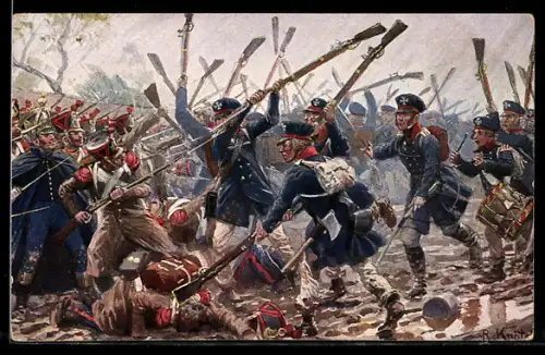 Künstler-AK R. Knötel: Die preussische Landwehr bei Dennewitz 6.9.1813, Schlachtdarstellung