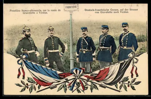 AK Soldaten an der deutsch-französischen Grenze, auf der Strasse von Gravelotte nach Verdun, Nationalfahnen