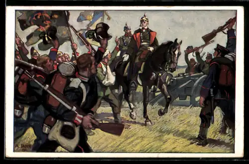 Künstler-AK Angelo Jank: Kaiser Wilhelm I. wird von seinen Soldaten begrüsst