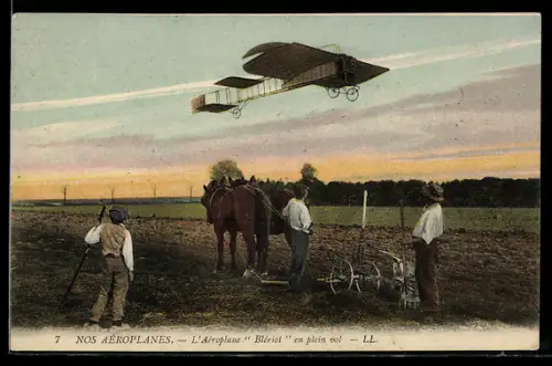 AK L`Aeroplane Bleriot en plein vol, Bauern schauen zum Flugzeug