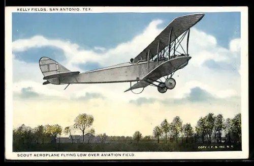 AK San Antonio, TX, Kelly Fields, Scout Aeroplane flying low over aviation field, Flugzeug