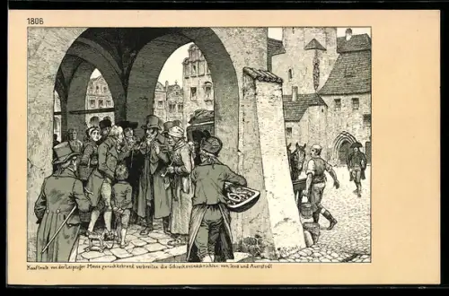 Künstler-AK Richard Knoetel: Kaufleute von der Leipziger Messe zurückkehrend verbreiten die Schreckensnachrichten