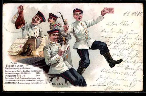 Lithographie Feldpost, Soldaten in weissen Uniformen feiern ihre Briefe und das reichhaltig gefüllte Paket