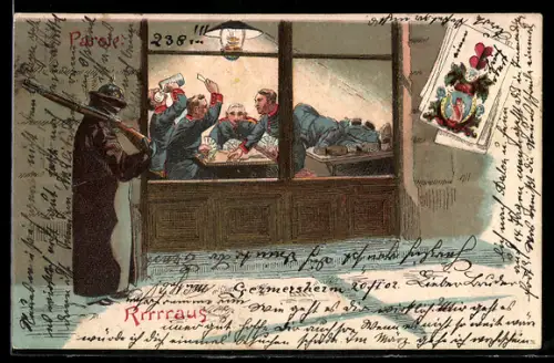 Lithographie Kartenspiel, Parote, Soldaten beim geselligen Spiel