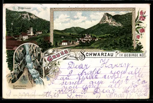 Lithographie Schwarzau im Gebirge, Herrenlücke aus der Vogelschau, Klafterbach-Wasserfall, Ortsansicht