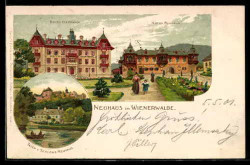 Lithographie Weissenbach an der Triesting, Neuhaus im Wienerwalde, Hotel Stephanie, Hotel Neuhaus