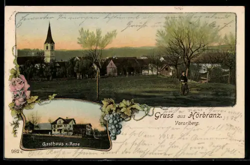 AK Hörbranz /Vorarlberg, Gasthaus z. Rose, Ortsansicht mit Kirche