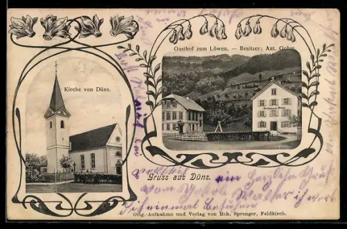 AK Düns, Gasthof zum Löwen, Bes. Ant. Gohm, Kirche
