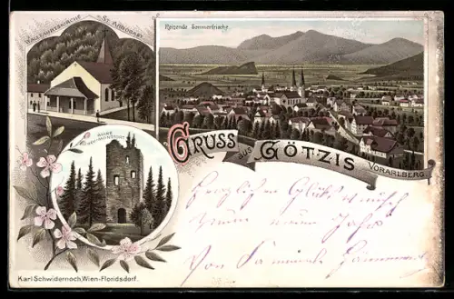 Lithographie Götzis, Wallfahrtskirche St. Arbogast, Ruine Neu-Montfort, Gesamtansicht