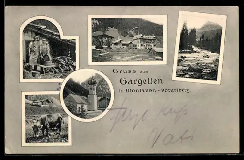 AK Gargellen, Gesamtansicht, Kirche, Flusspartie