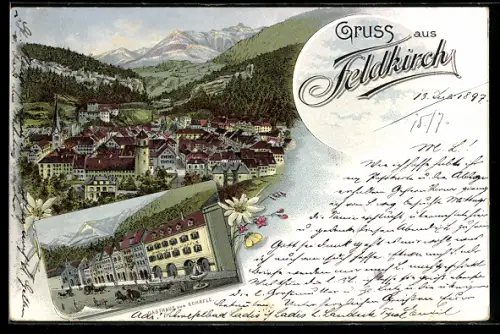 Lithographie Feldkirch, Totalansicht, Gasthaus zum Schäfle