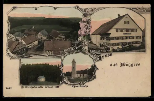 AK Möggers, Ortsansicht mit Gasthaus Alois Fessler