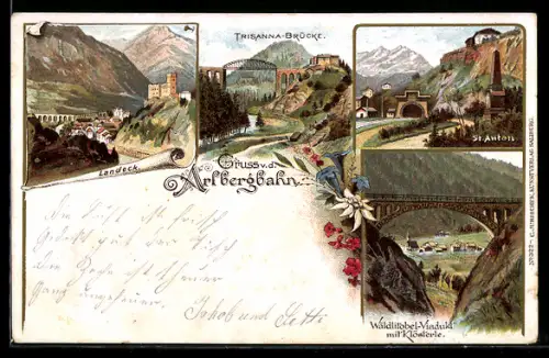 Lithographie Landeck, Trisanna-Brücke, St. Anton, Wäldlitobel-Viadukt mit Klösterle, Arlbergbahn