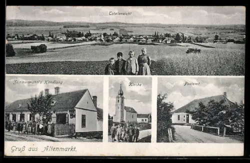 AK Altenmarkt, Zimmermann`s Handlung, Kirche, Postamt