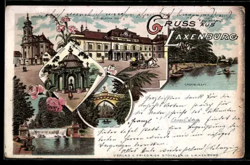Lithographie Laxenburg, Blauer Hof, Grünes Lusthaus, Hohe Brücke, Wasserfall, Kirche, Ruderboote