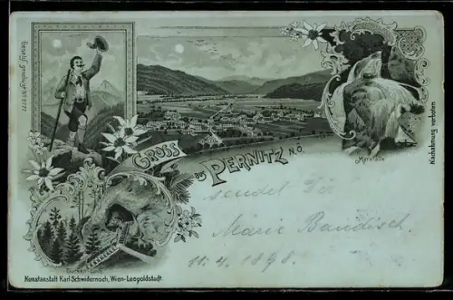Mondschein-Lithographie Pernitz /N. Ö., Türken-Loch, Myrafälle, Wanderer