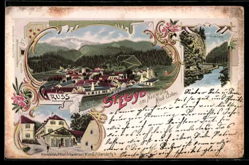 Lithographie St. Aegyd am Neuwalde, Strassenpartie mit Geschäft Rudolf Ossberger, Lurgpartie