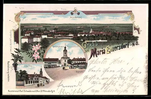 Lithographie Maria Enzersdorf /N.-Ö., Villa Tirka, Wallfahrtskirche m. Fransiskaner Kloster