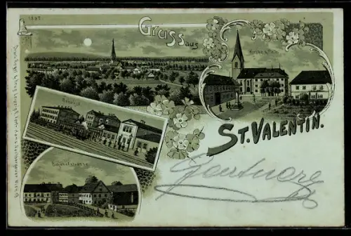 Mondschein-Lithographie St. Valentin, Bahnhof, Bahnhofstrasse, Kirche und Platz