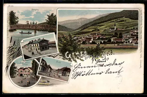 Lithographie Hainfeld /N.-Oe., Ortsansicht, Bahnhof, Markt