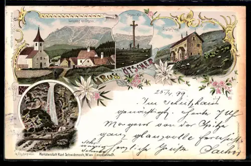Lithographie Lackenhof, Ötscher, Ötscher-Schutzhaus, Mira-Fall