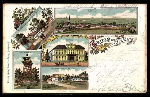 Lithographie Tulbing, Totalansicht, Touristen-Gasthäuser, Aussichtswarte und Schloss