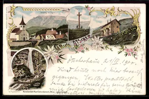Lithographie Lackenhof, Ötscher, Ötscher-Schutzhaus, Mira-Fall