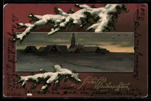 Künstler-AK Alfred Mailick: Dorf im Winter, schneebedeckte Zweige, Frohe Weihnachten