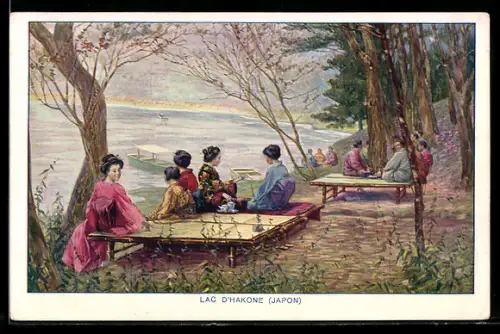 AK Lac d`Hakone, Japan, Menschen am See