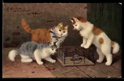 AK Drei Katzen mit Maus im Käfig