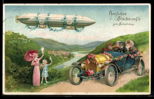 AK Geschmückter Zeppelin und rezentes Automobil