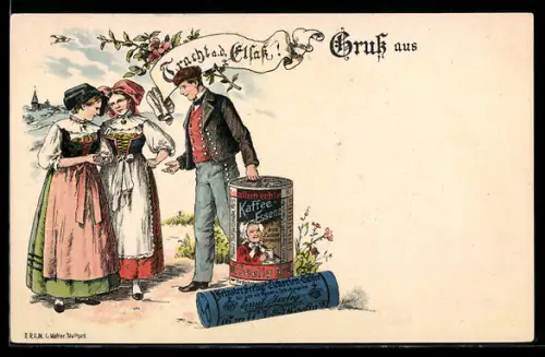 Lithographie Tracht aus dem Elsass, Kaffee-Essenz der Seelig AG