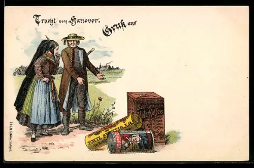 Lithographie Hannover, Bürger in Trachten, Werbung für Seeligs Malz-Kaffee