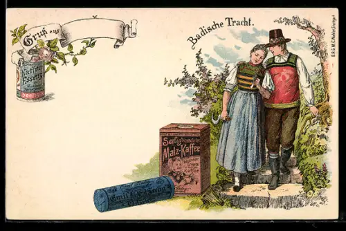 Lithographie Baden, Liebespaar in Schwarzwälder Tracht, Reklame für Seelig`s Malz-Kaffee