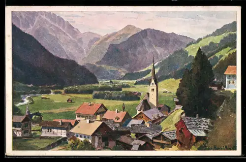 Künstler-AK Edo v.Handel-Mazzetti: Wald, Gesamtansicht des Ortes mit den Bergen des obersten Salzachtales