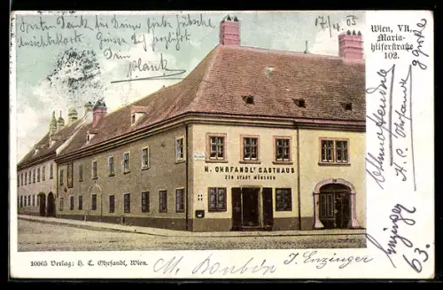 AK Wien, H. Ohrfandl`s Gasthaus zur Stadt München im Sonnenschein, Mariahilferstrasse 102