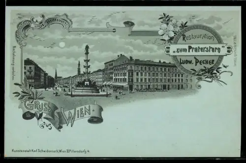 Mondschein-Lithographie Wien, Restaurant zum Praterstern v. Ludw. Pecher