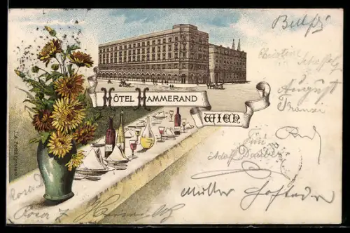 Lithographie Wien, Hotel Hammerand mit Menütisch