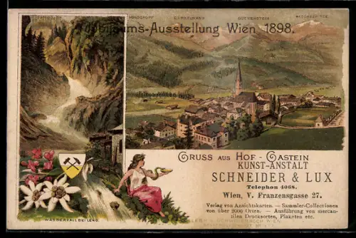 Lithographie Hofgastein, Wassefall bei Lend, Gesamtansicht mit Guckenstein u. Dürkelwand